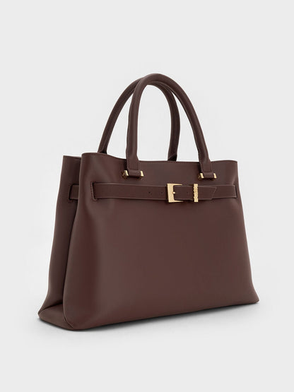 Voyager Leather Belted Tote Bag - Dark Brown | CHARLES & KEITH