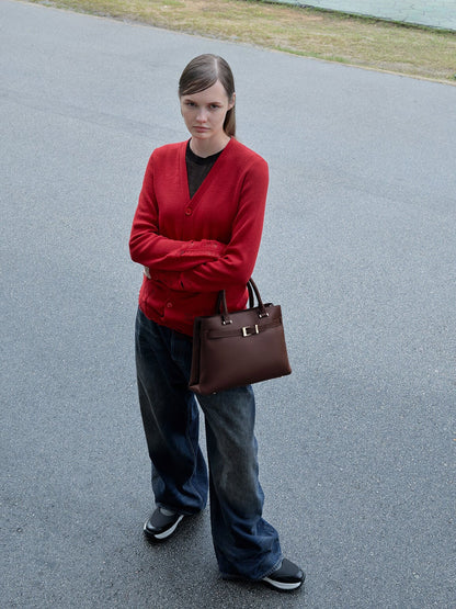 Voyager Leather Belted Tote Bag - Dark Brown | CHARLES & KEITH