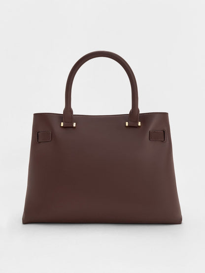 Voyager Leather Belted Tote Bag - Dark Brown | CHARLES & KEITH