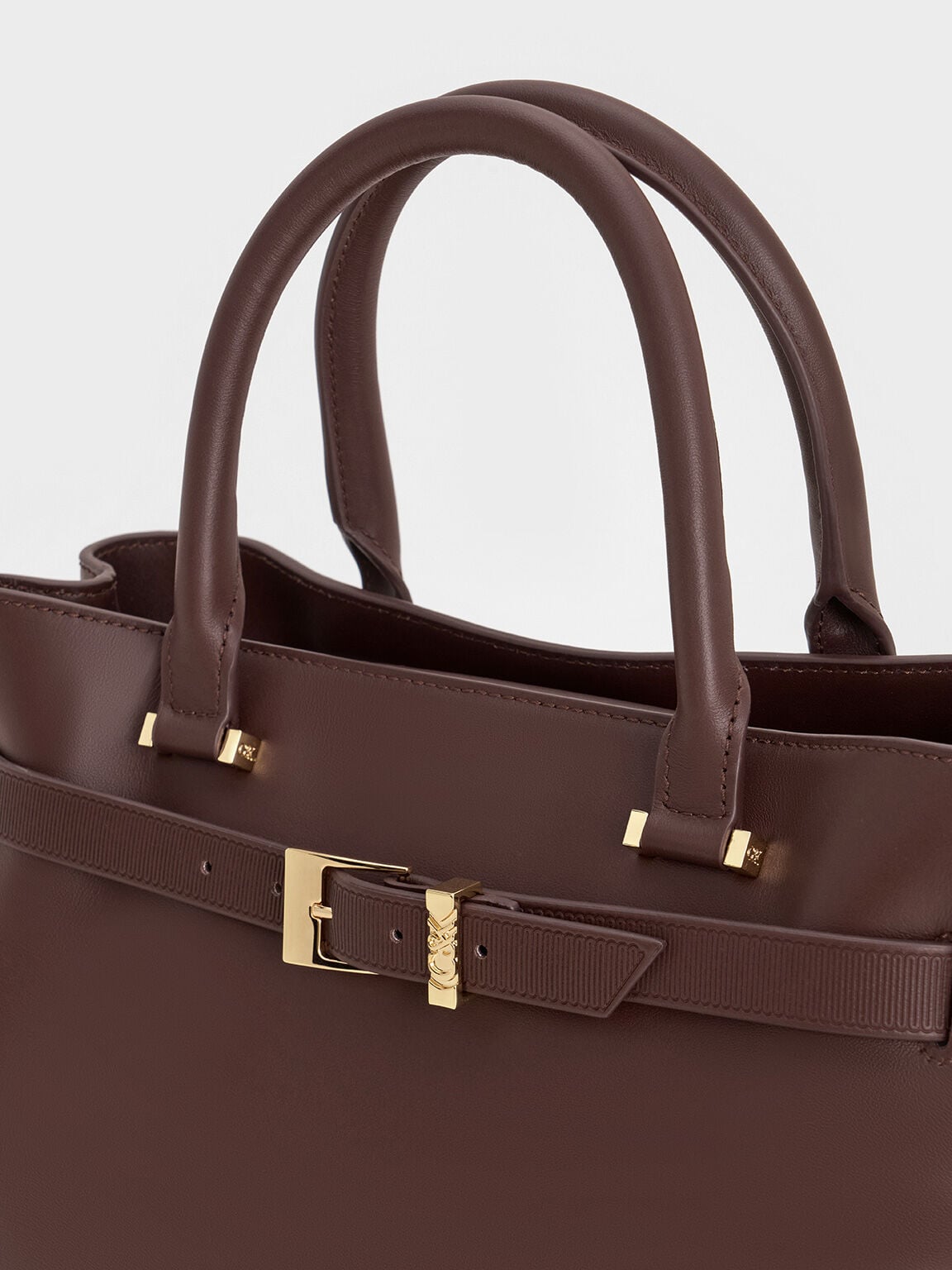 Voyager Leather Belted Tote Bag - Dark Brown | CHARLES & KEITH