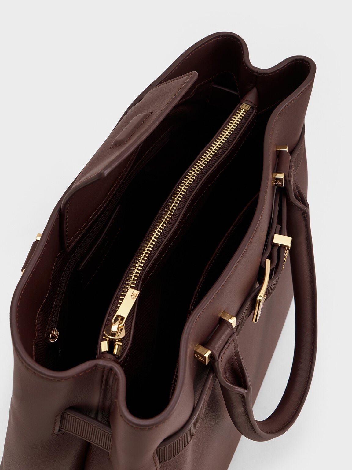 Voyager Leather Belted Tote Bag - Dark Brown | CHARLES & KEITH