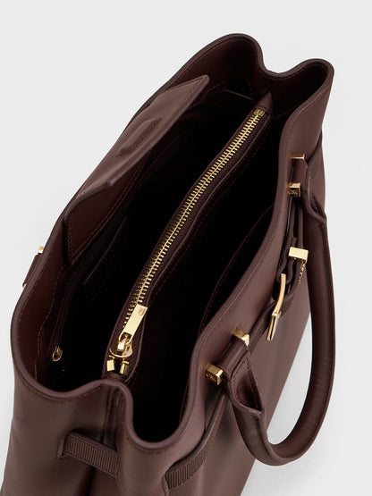 Voyager Leather Belted Tote Bag - Dark Brown | CHARLES & KEITH