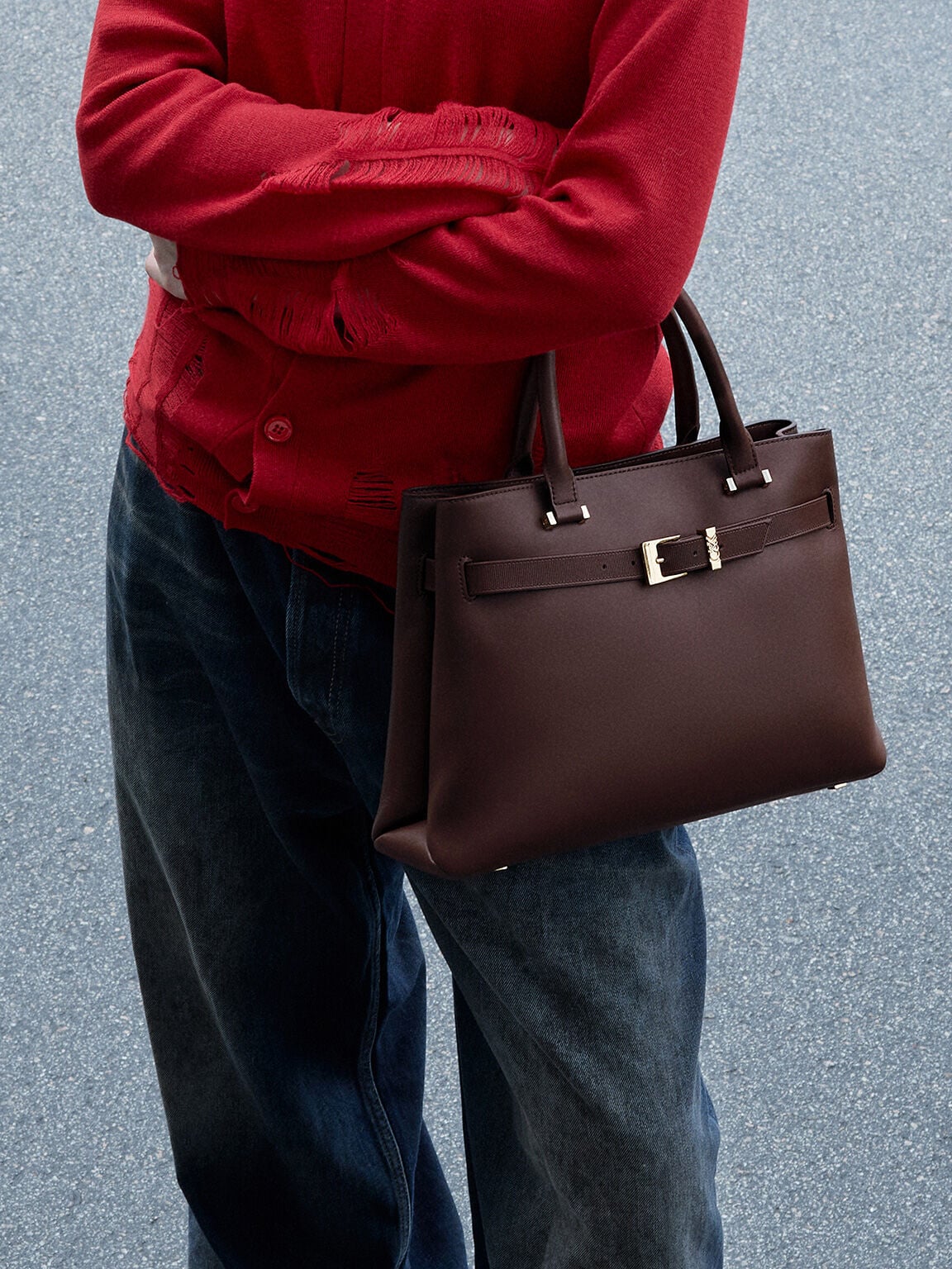 Voyager Leather Belted Tote Bag - Dark Brown | CHARLES & KEITH