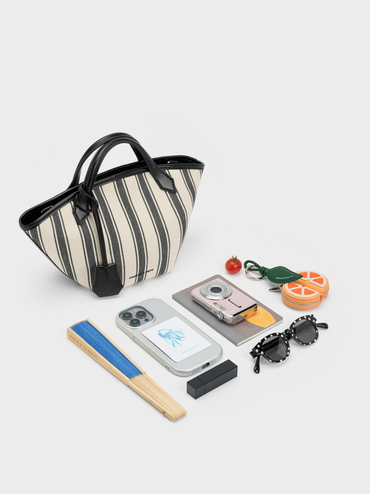 Mini Ivanna Canvas Striped Tote Bag - Noir | CHARLES & KEITH