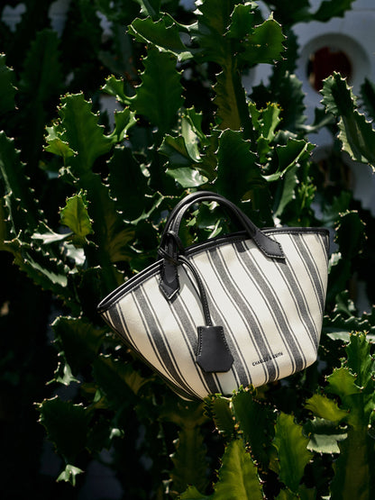 Mini Ivanna Canvas Striped Tote Bag - Noir | CHARLES & KEITH