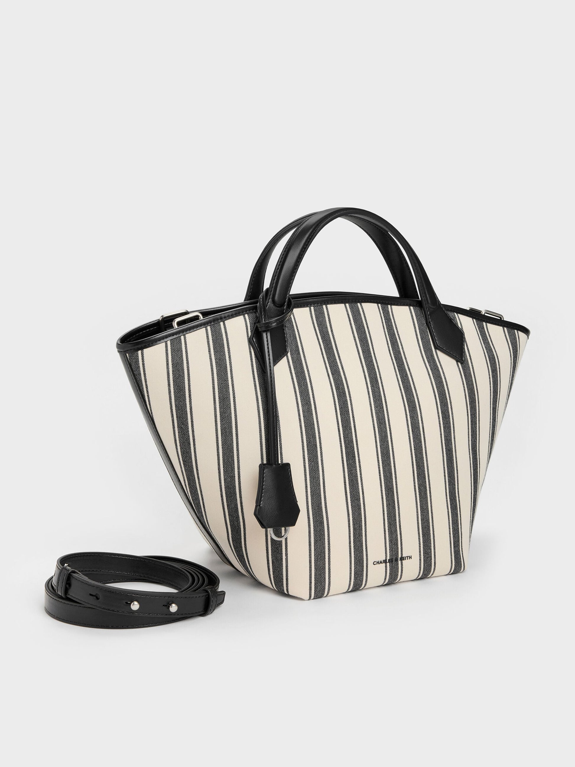 Large Ivanna Canvas Striped Tote Bag - Noir | CHARLES & KEITH