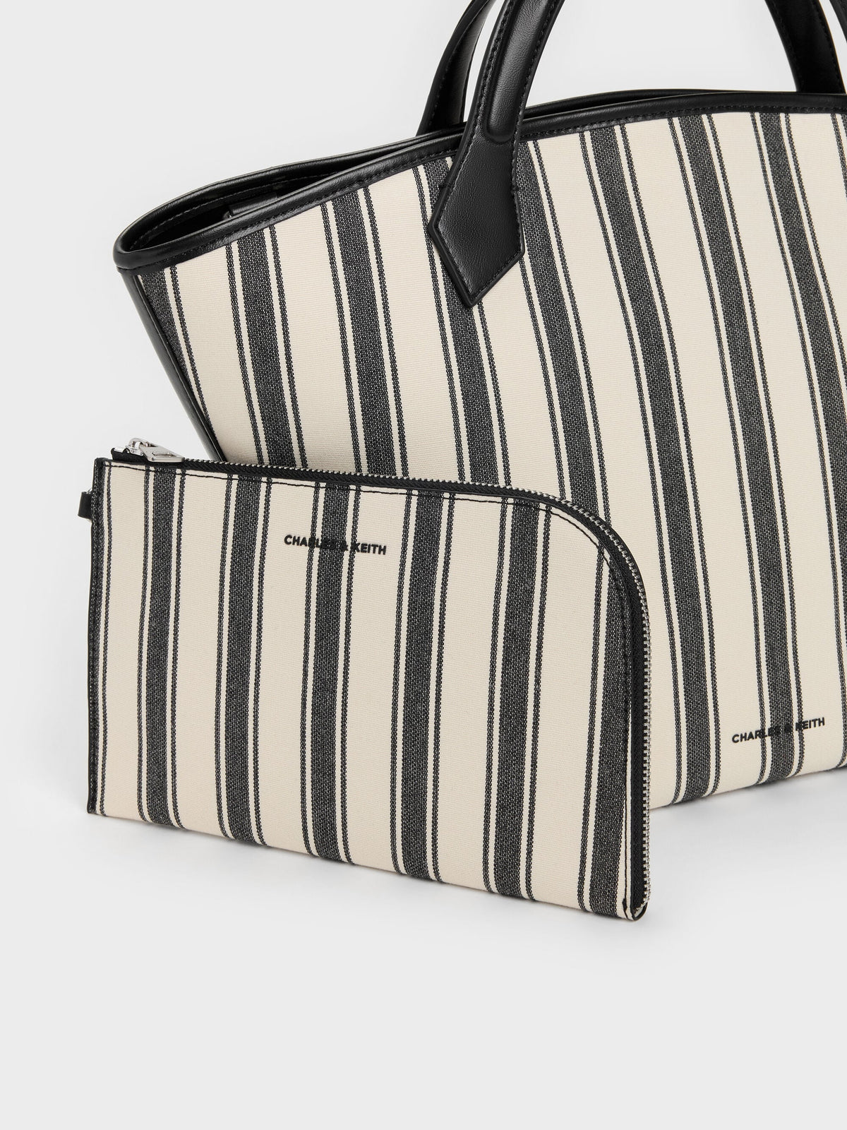 Large Ivanna Canvas Striped Tote Bag - Noir | CHARLES & KEITH