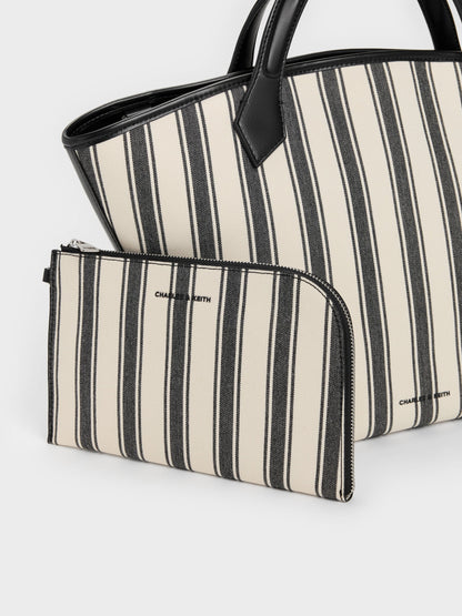 Large Ivanna Canvas Striped Tote Bag - Noir | CHARLES & KEITH