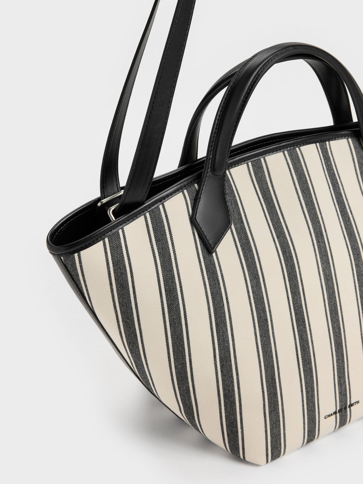 Large Ivanna Canvas Striped Tote Bag - Noir | CHARLES & KEITH