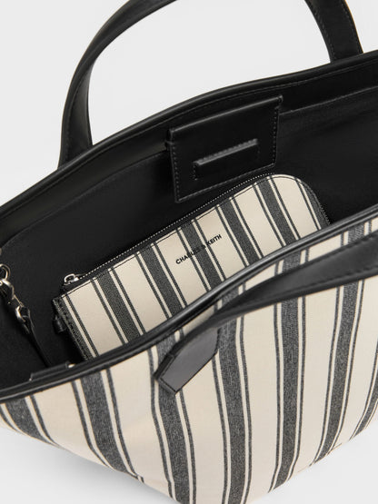Large Ivanna Canvas Striped Tote Bag - Noir | CHARLES & KEITH