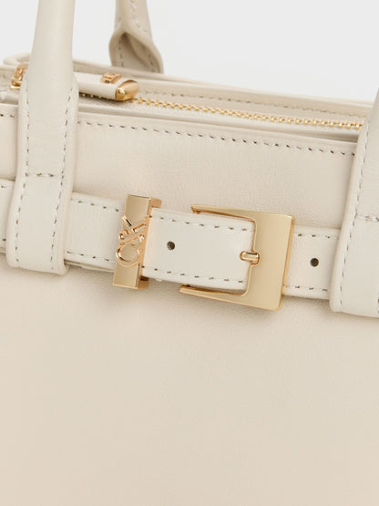 Jody Leather Belted Tote Bag - Chalk | CHARLES & KEITH
