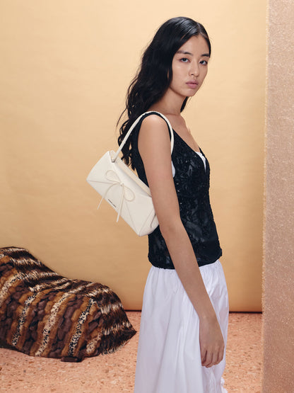 Hazel Bow Panelled Shoulder Bag - Cream | CHARLES & KEITH