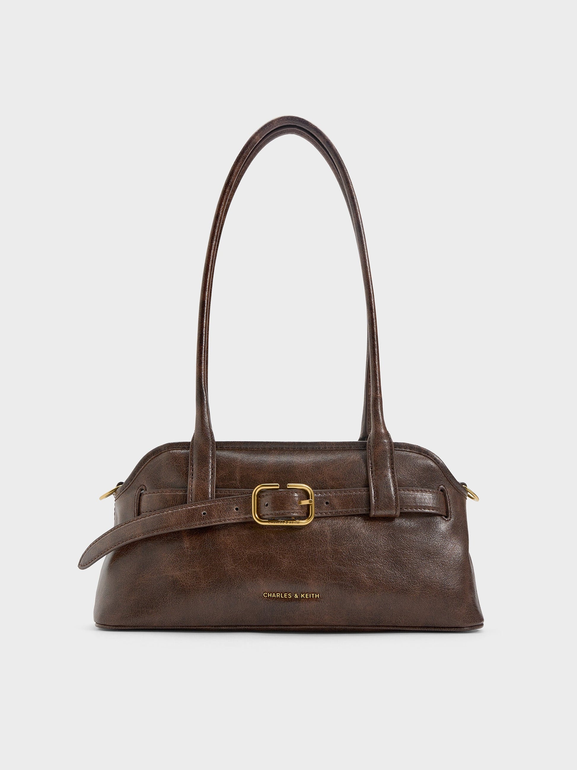 Victoria Studded Belted Shoulder Bag - Distressed Coffee | CHARLES & KEITH