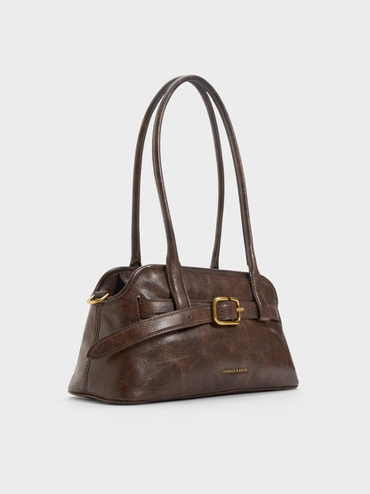 Victoria Studded Belted Shoulder Bag - Distressed Coffee | CHARLES & KEITH