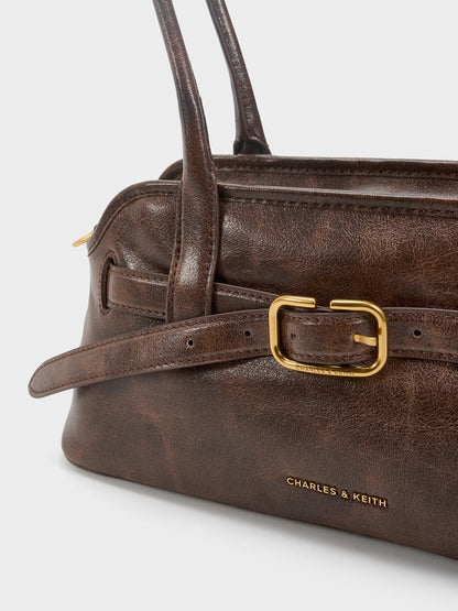 Victoria Studded Belted Shoulder Bag - Distressed Coffee | CHARLES & KEITH