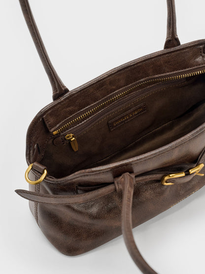 Victoria Studded Belted Shoulder Bag - Distressed Coffee | CHARLES & KEITH