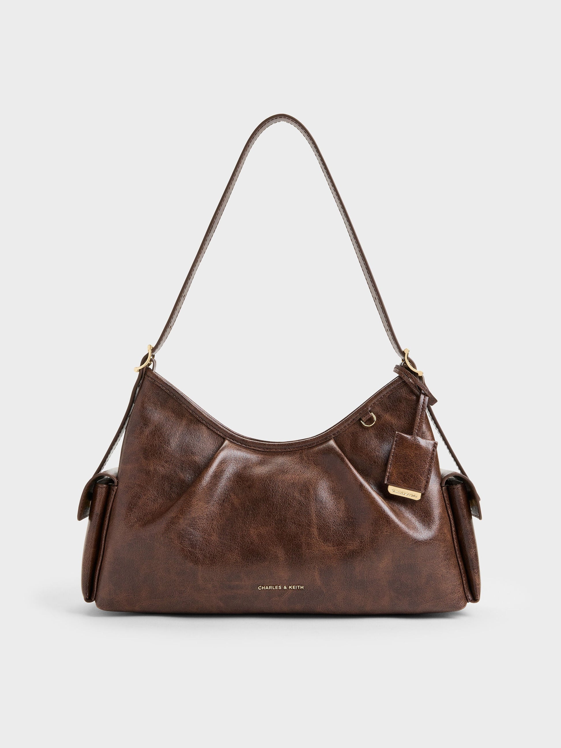 Khai Side-Pocket Shoulder Bag - Distressed Coffee | CHARLES & KEITH