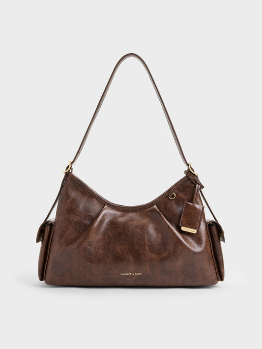 Khai Side-Pocket Shoulder Bag - Distressed Coffee | CHARLES & KEITH