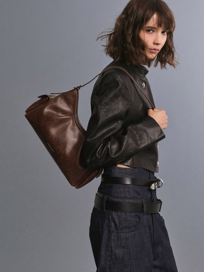 Khai Side-Pocket Shoulder Bag - Distressed Coffee | CHARLES & KEITH