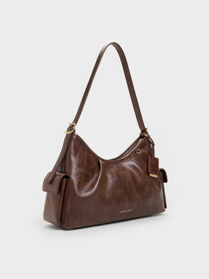 Khai Side-Pocket Shoulder Bag - Distressed Coffee | CHARLES & KEITH
