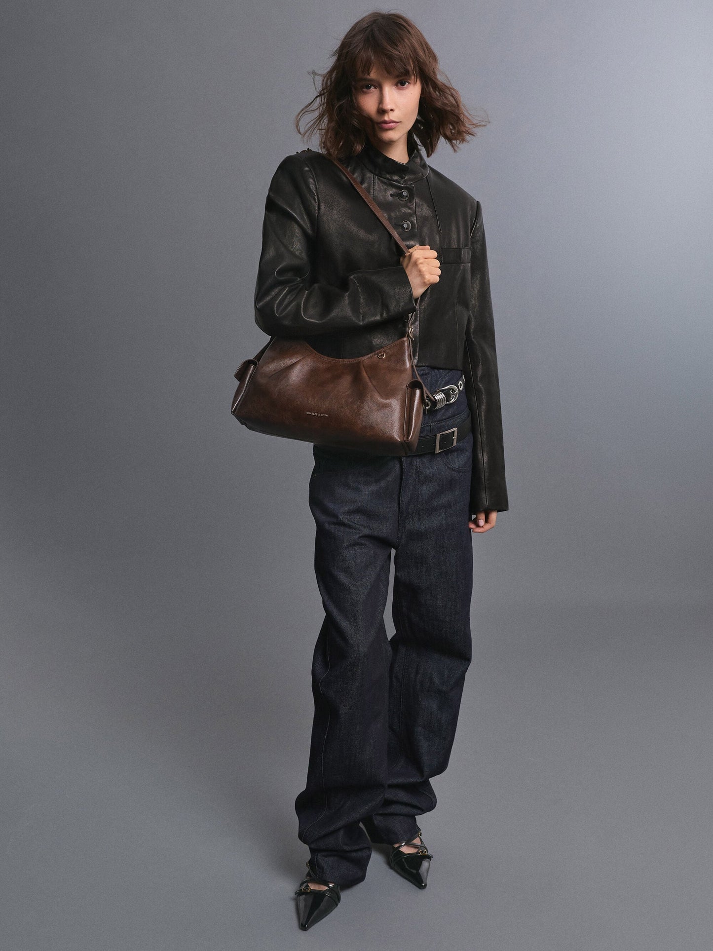 Khai Side-Pocket Shoulder Bag - Distressed Coffee | CHARLES & KEITH