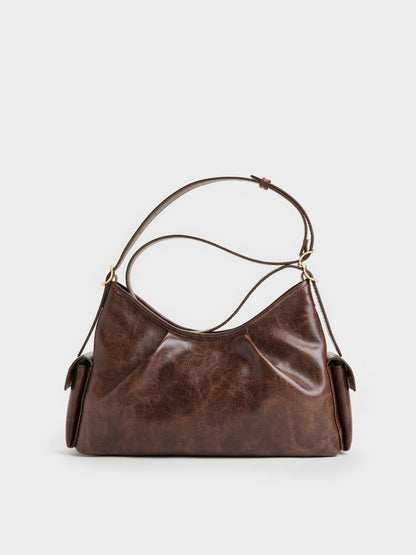 Khai Side-Pocket Shoulder Bag - Distressed Coffee | CHARLES & KEITH