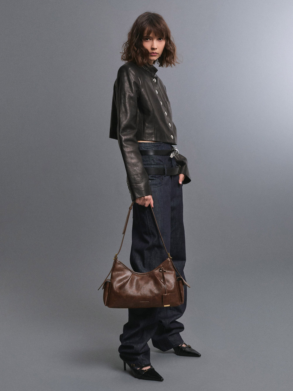 Khai Side-Pocket Shoulder Bag - Distressed Coffee | CHARLES & KEITH