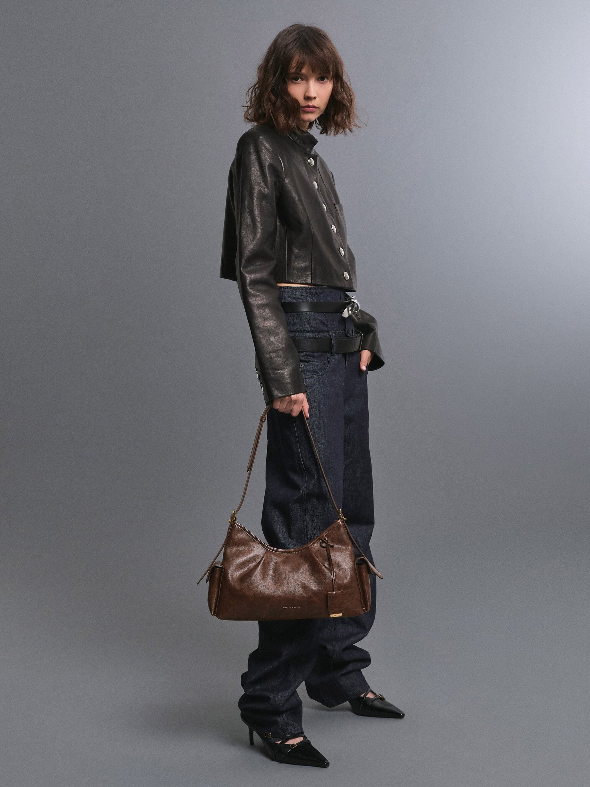 Khai Side-Pocket Shoulder Bag - Distressed Coffee | CHARLES & KEITH