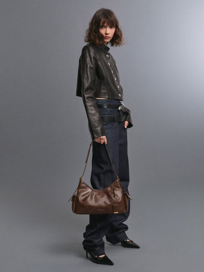 Khai Side-Pocket Shoulder Bag - Distressed Coffee | CHARLES & KEITH