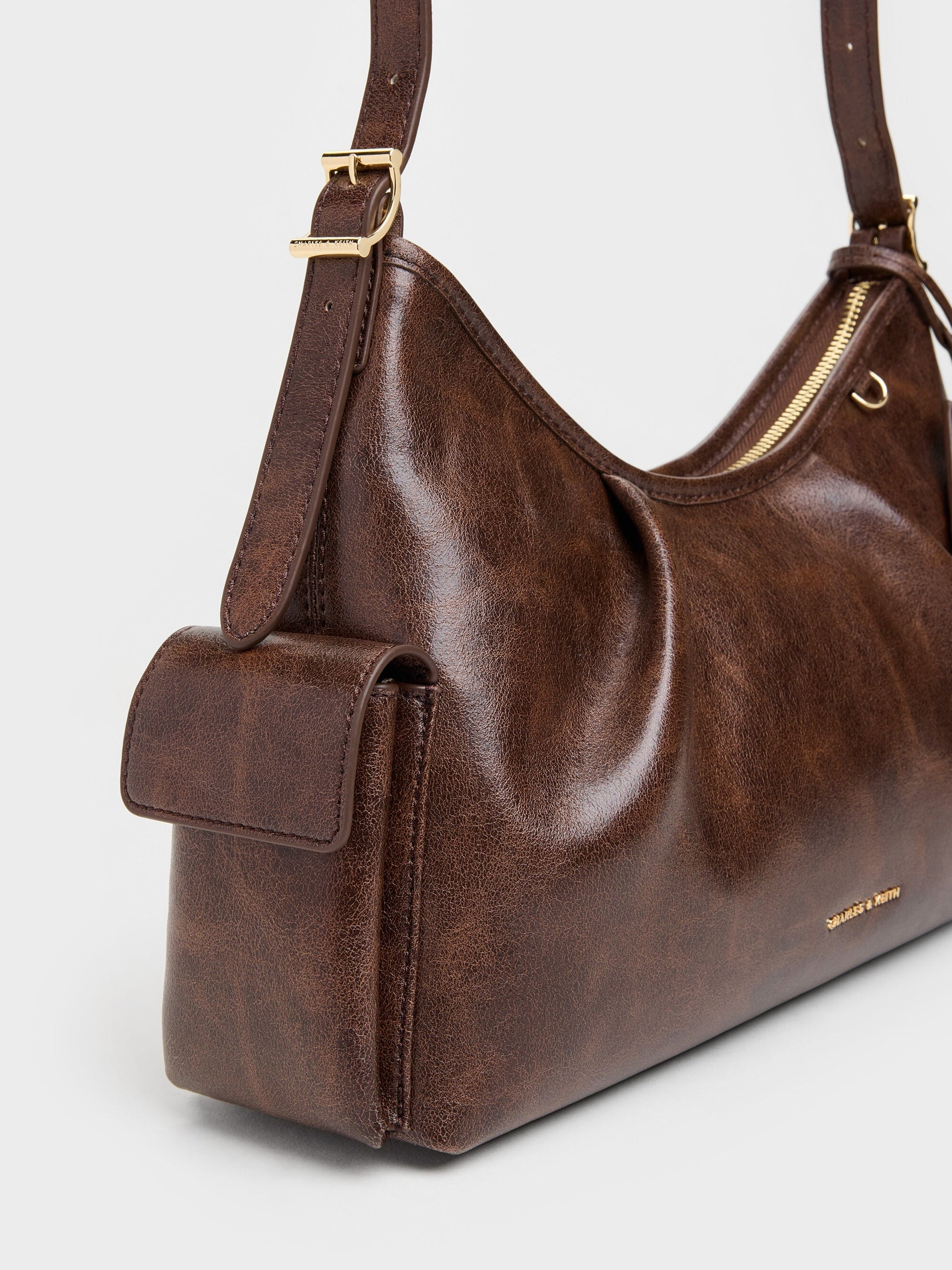 Khai Side-Pocket Shoulder Bag - Distressed Coffee | CHARLES & KEITH