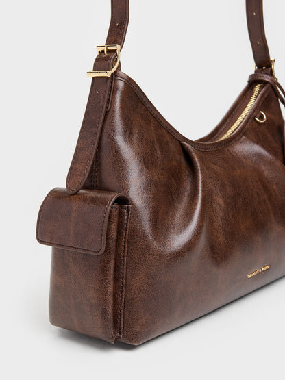 Khai Side-Pocket Shoulder Bag - Distressed Coffee | CHARLES & KEITH