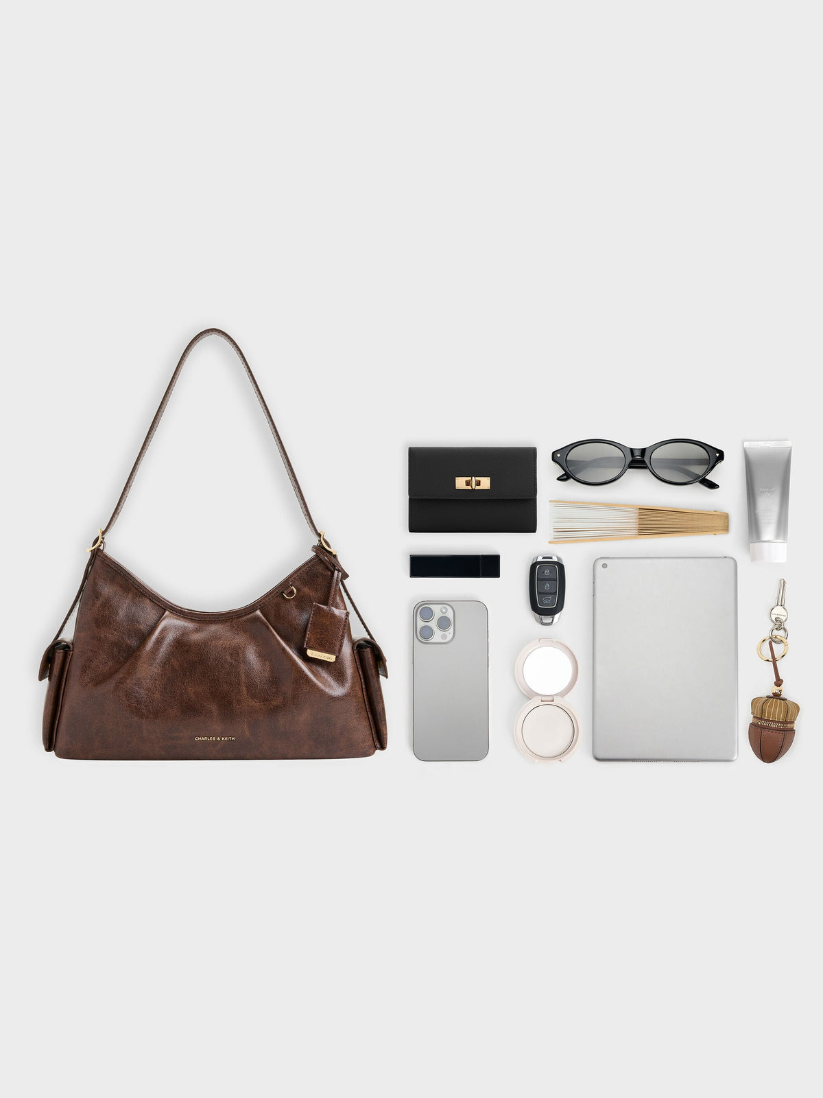 Khai Side-Pocket Shoulder Bag - Distressed Coffee | CHARLES & KEITH