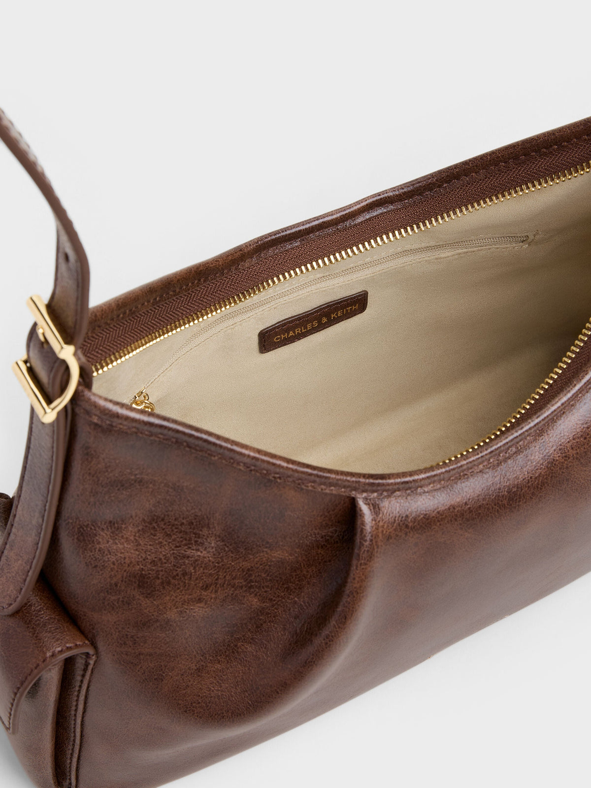 Khai Side-Pocket Shoulder Bag - Distressed Coffee | CHARLES & KEITH