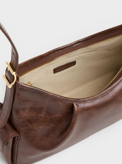 Khai Side-Pocket Shoulder Bag - Distressed Coffee | CHARLES & KEITH