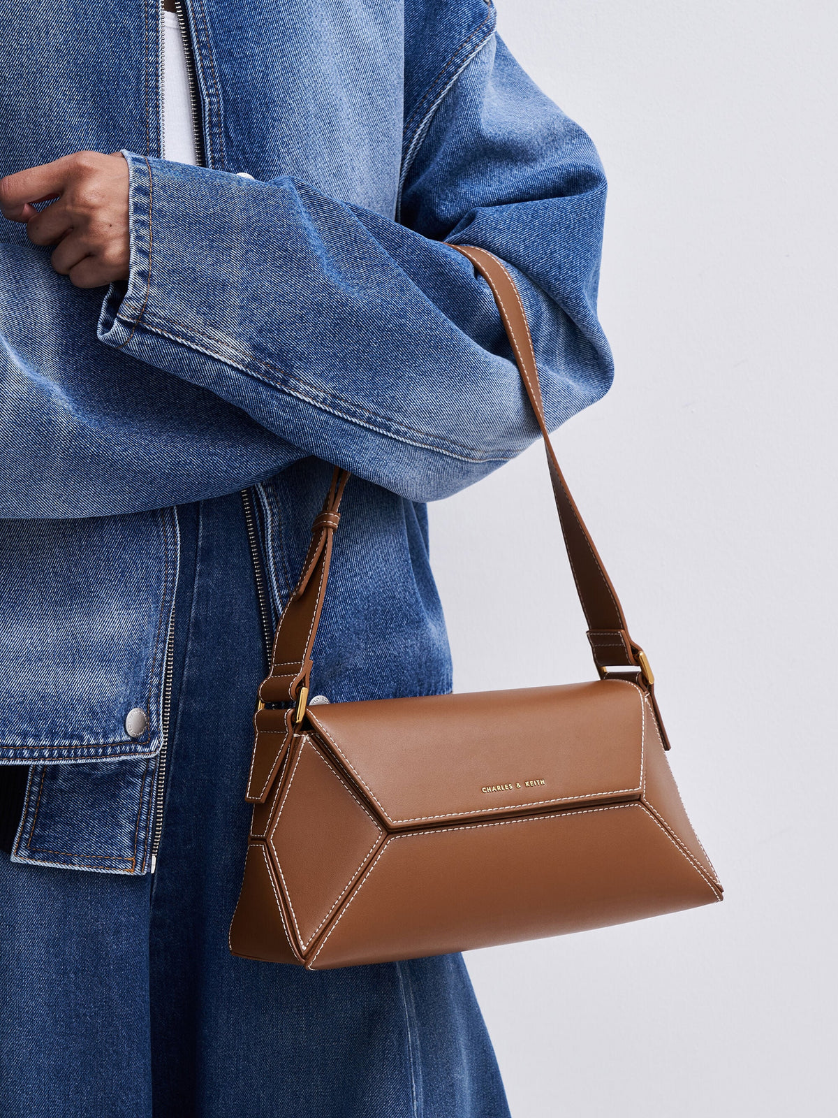 Nasrin Geometric Shoulder Bag - Chocolate | CHARLES & KEITH