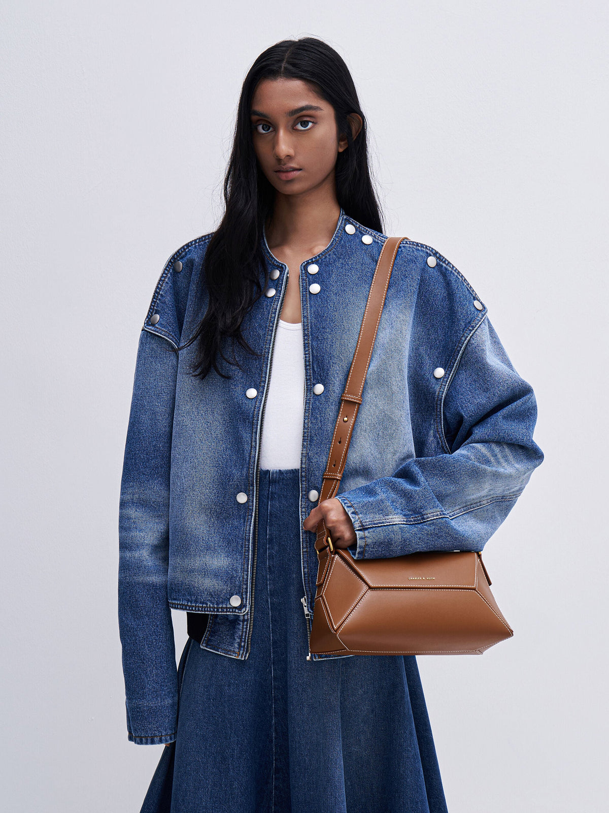 Nasrin Geometric Shoulder Bag - Chocolate | CHARLES & KEITH
