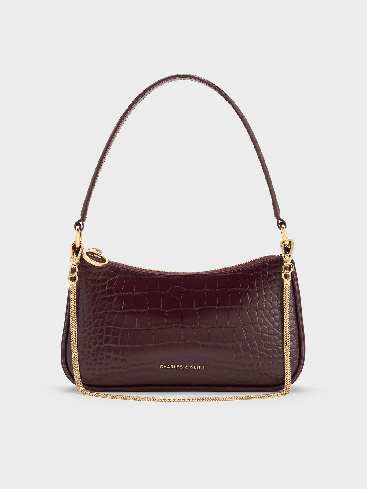 Elspeth Croc-Effect Chain-Link Shoulder Bag - Maroon Red Croco | CHARLES & KEITH