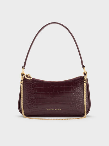 Elspeth Croc-Effect Chain-Link Shoulder Bag - Maroon Red Croco | CHARLES & KEITH