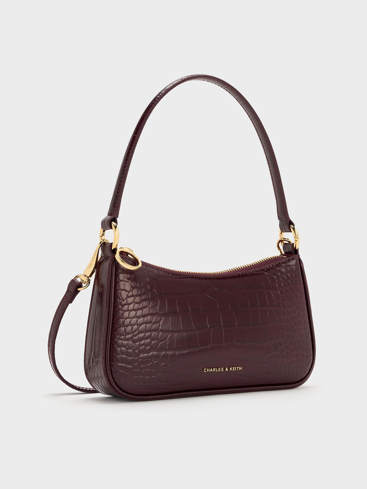 Elspeth Croc-Effect Chain-Link Shoulder Bag - Maroon Red Croco | CHARLES & KEITH