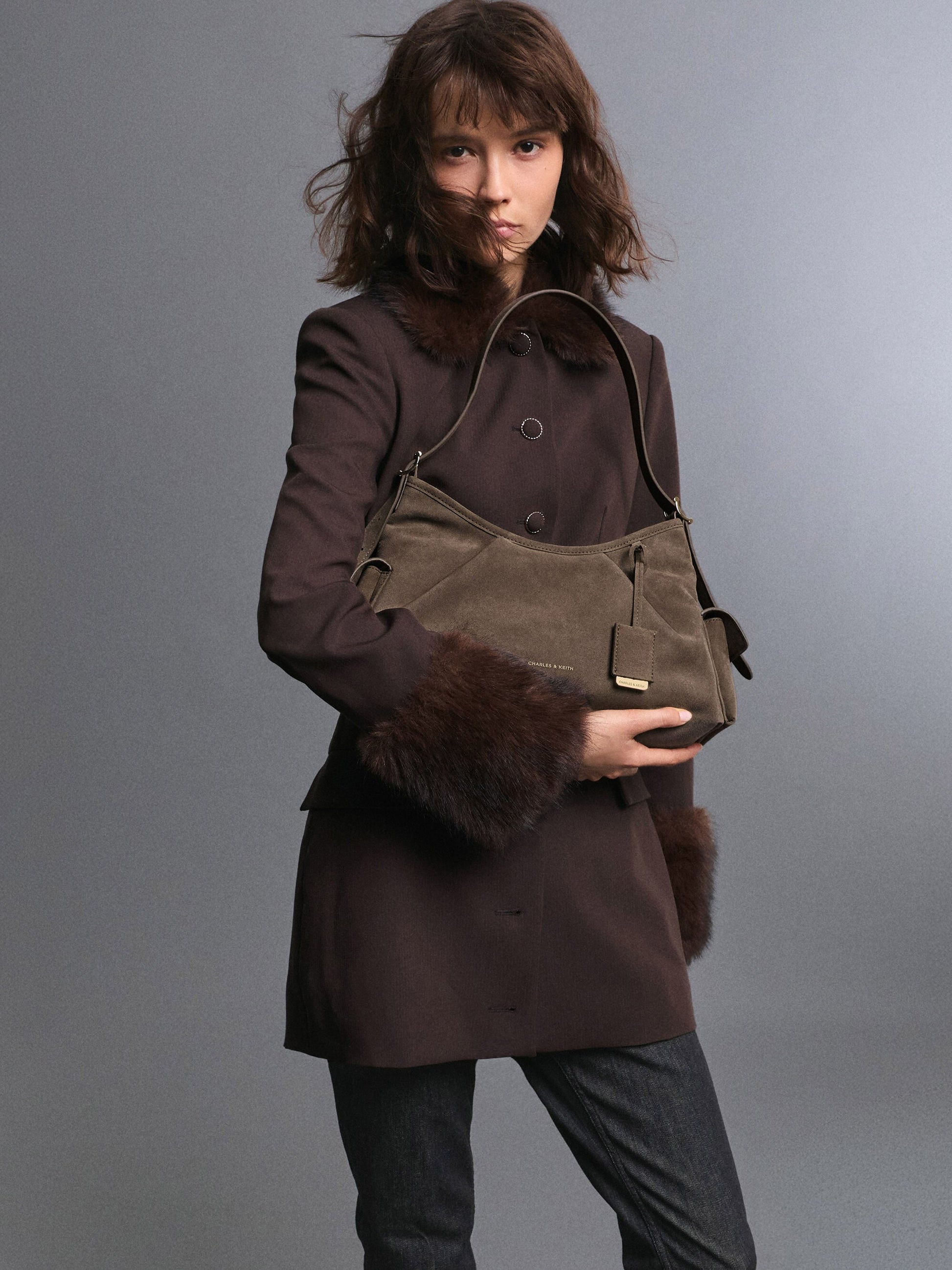 Khai Side-Pocket Shoulder Bag - Stone Grey | CHARLES & KEITH