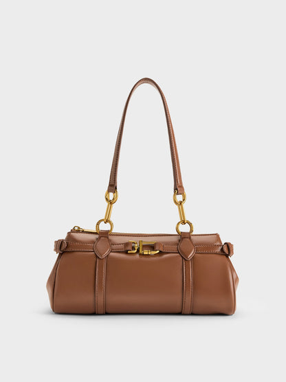 Gwynne Metallic-Accent Elongated Shoulder Bag - Chocolate | CHARLES & KEITH