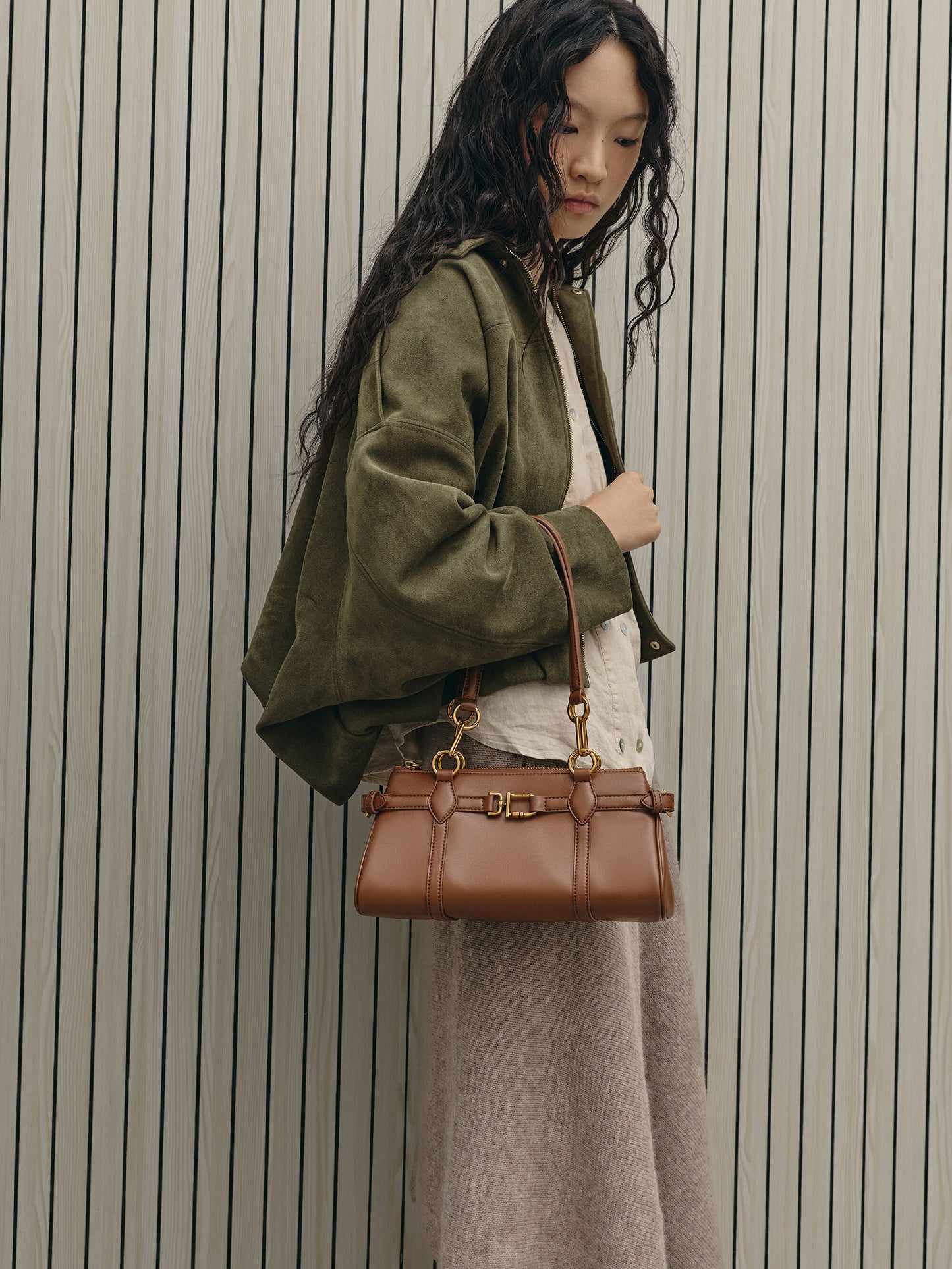 Gwynne Metallic-Accent Elongated Shoulder Bag - Chocolate | CHARLES & KEITH