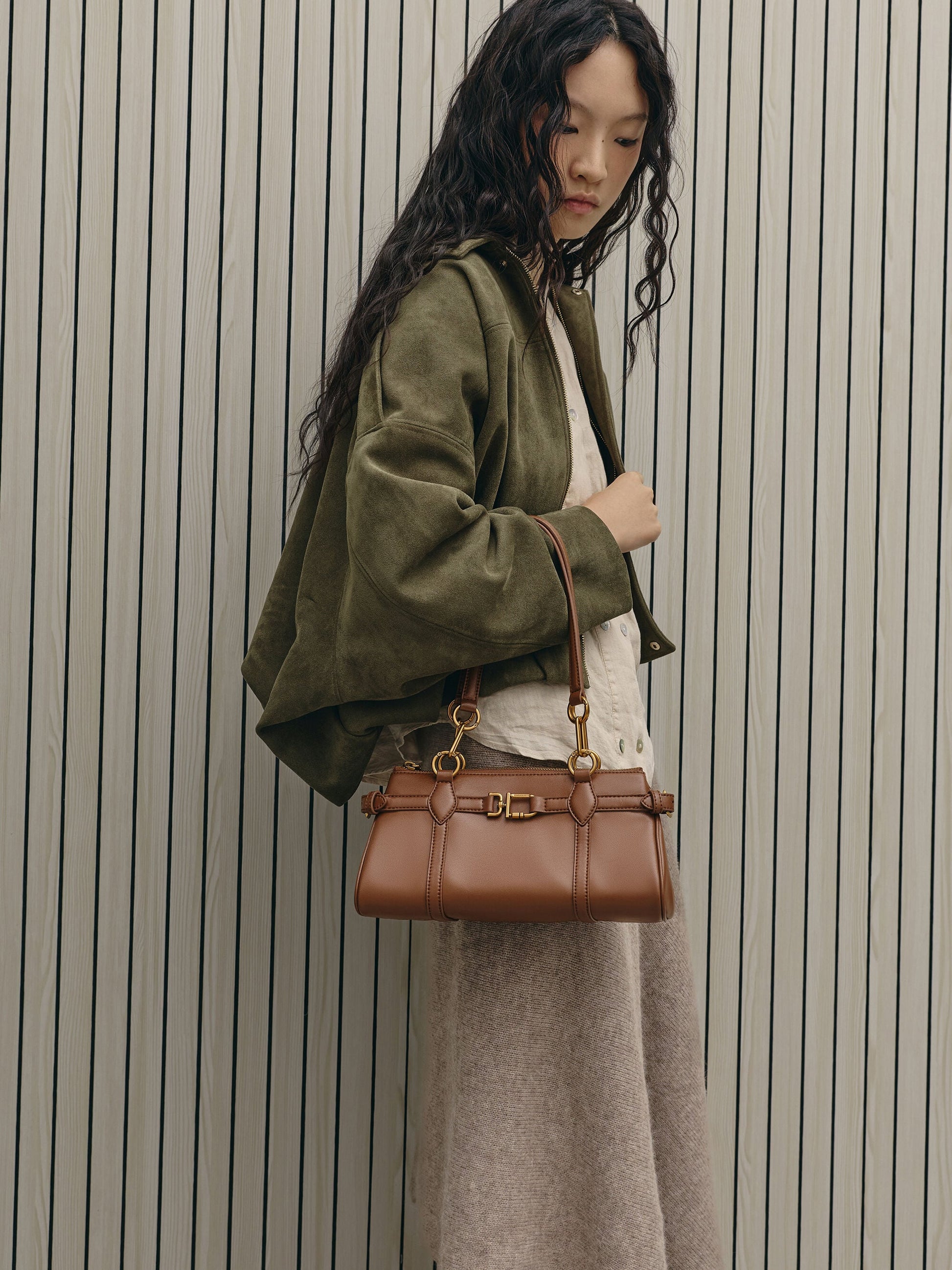Gwynne Metallic-Accent Elongated Shoulder Bag - Chocolate | CHARLES & KEITH