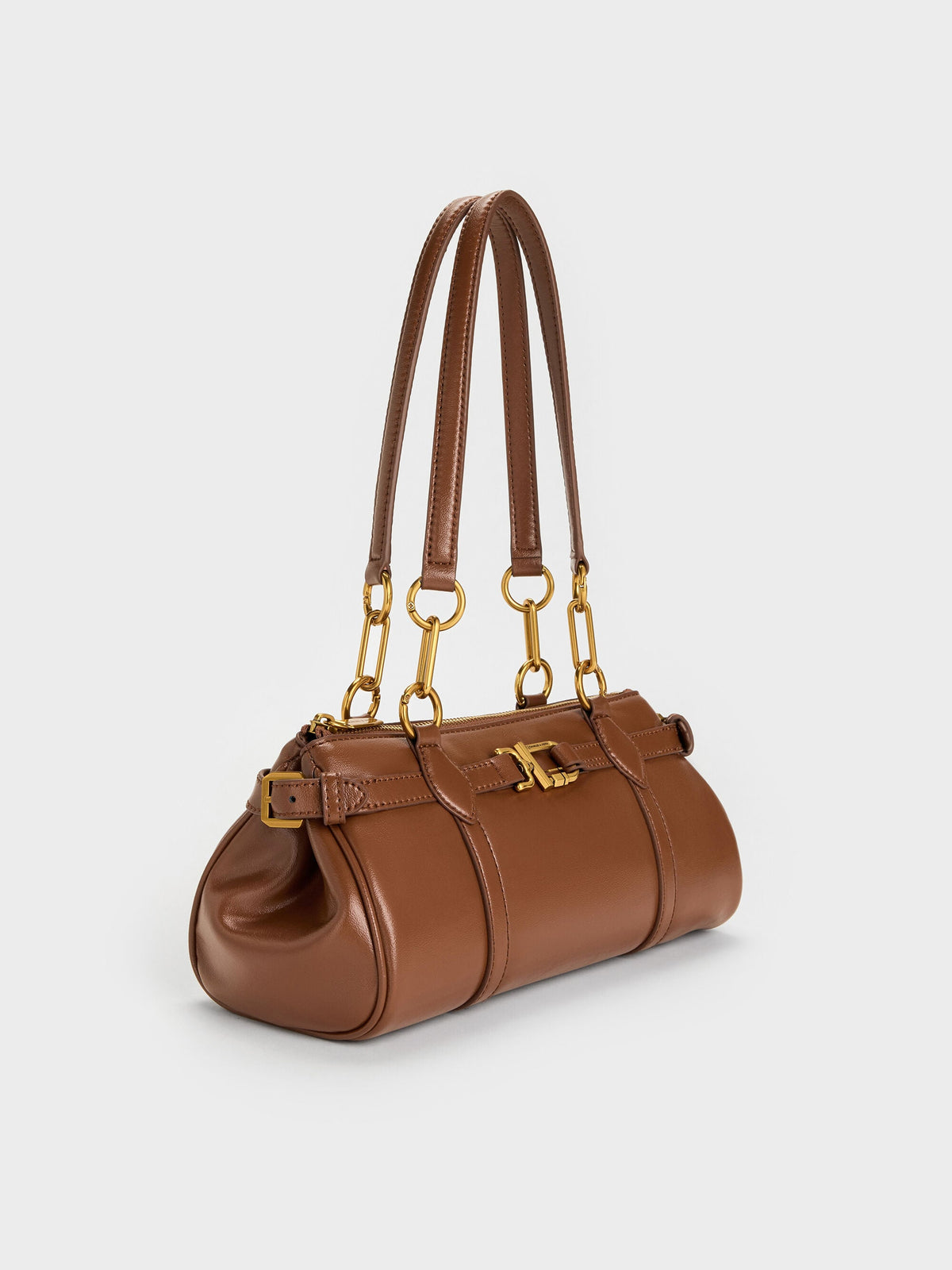 Gwynne Metallic-Accent Elongated Shoulder Bag - Chocolate | CHARLES & KEITH
