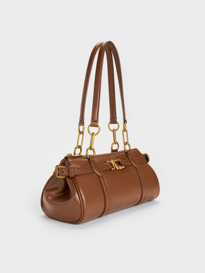 Gwynne Metallic-Accent Elongated Shoulder Bag - Chocolate | CHARLES & KEITH