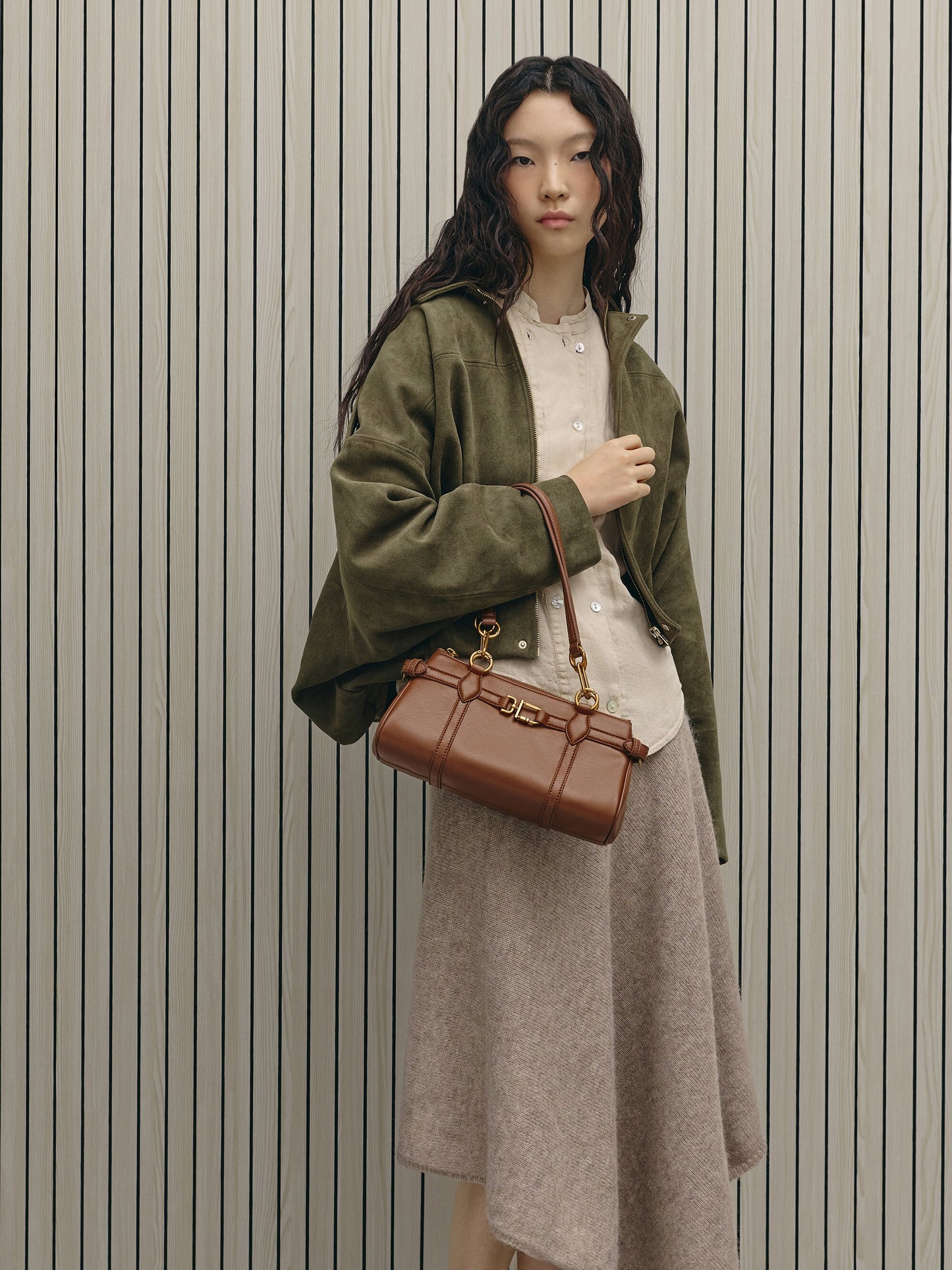 Gwynne Metallic-Accent Elongated Shoulder Bag - Chocolate | CHARLES & KEITH