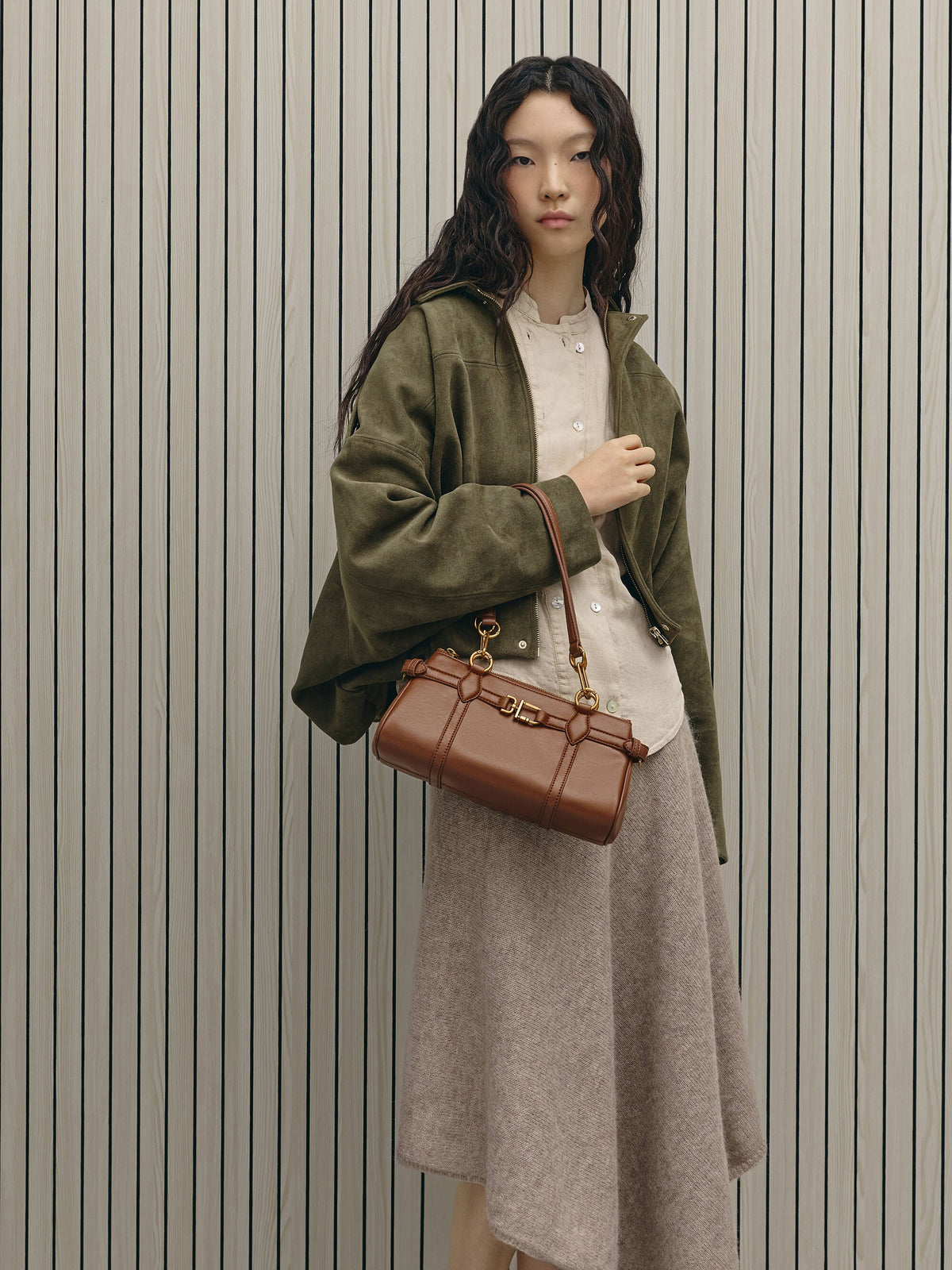 Gwynne Metallic-Accent Elongated Shoulder Bag - Chocolate | CHARLES & KEITH