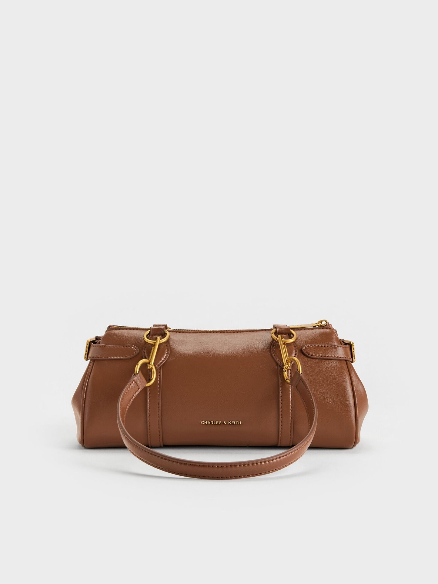 Gwynne Metallic-Accent Elongated Shoulder Bag - Chocolate | CHARLES & KEITH