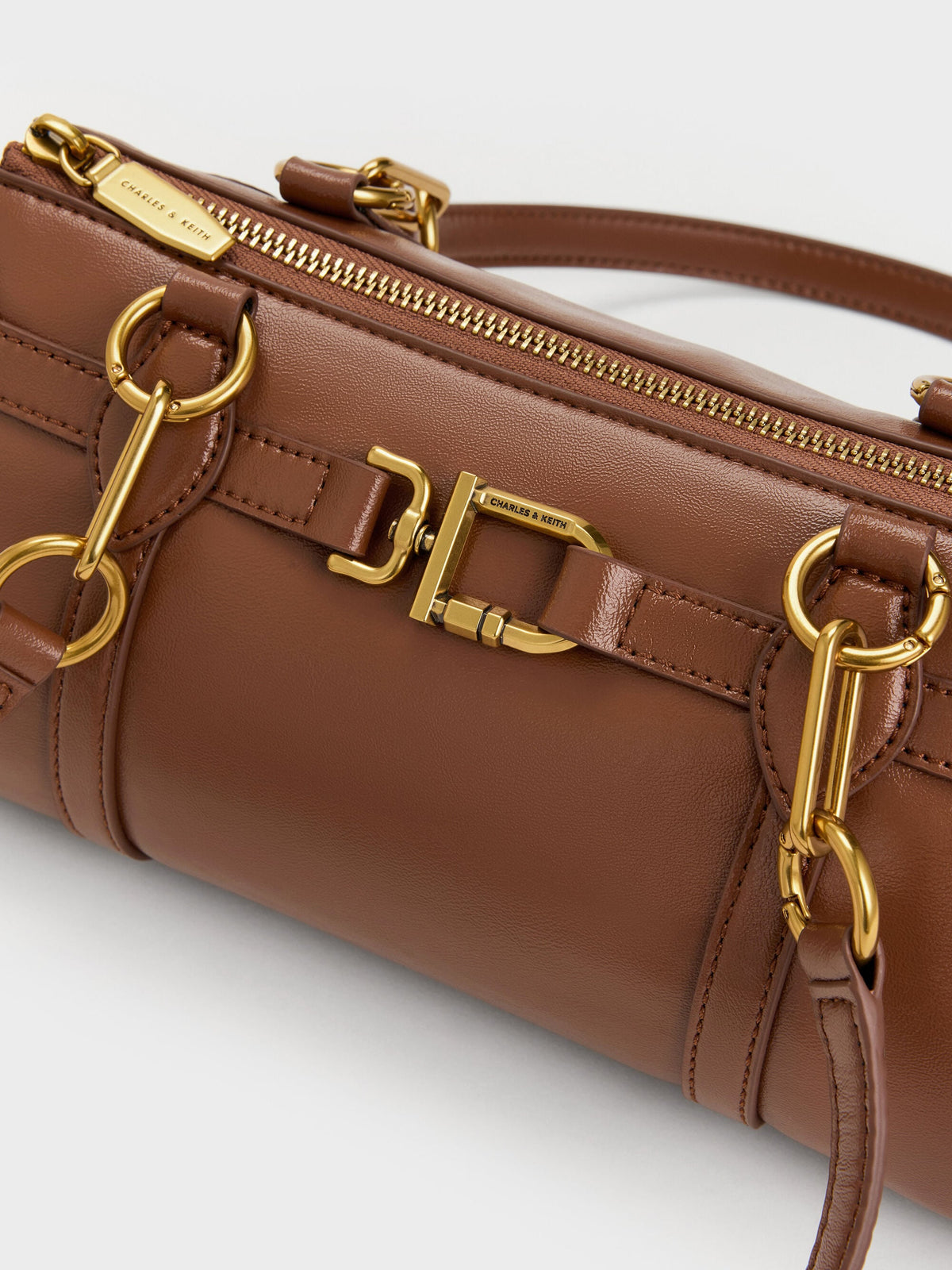 Gwynne Metallic-Accent Elongated Shoulder Bag - Chocolate | CHARLES & KEITH