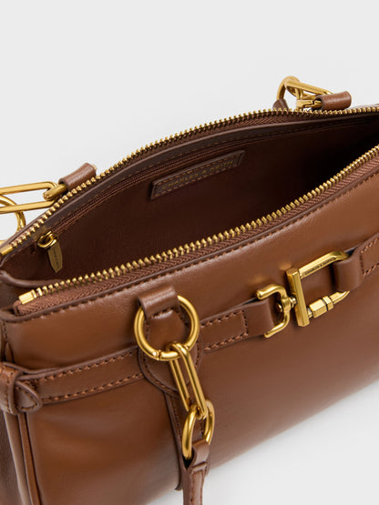 Gwynne Metallic-Accent Elongated Shoulder Bag - Chocolate | CHARLES & KEITH